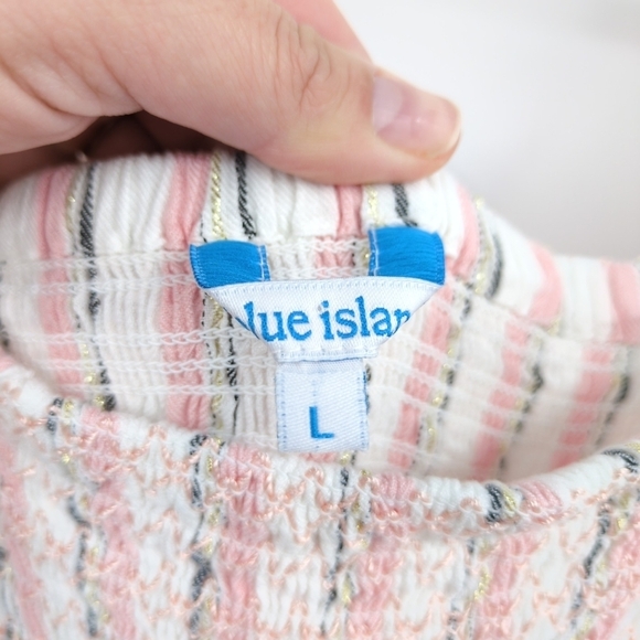 Blue Island Large Cutout Maxi Dress Striped Smocked Flutter Sleeve Pink White - Picture 7 of 9